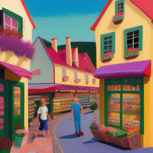 1155099572-small french village grocery store with happy people,  David Hockney, Erin Hanson.webp